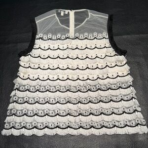 Party Time! Sheer Yoke, Lace and Fringe, Sleeveless Alexis Blouse - Small